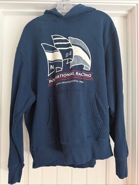 Old Navy Navy Blue Graphic Crewneck Hoodie with Racing Print